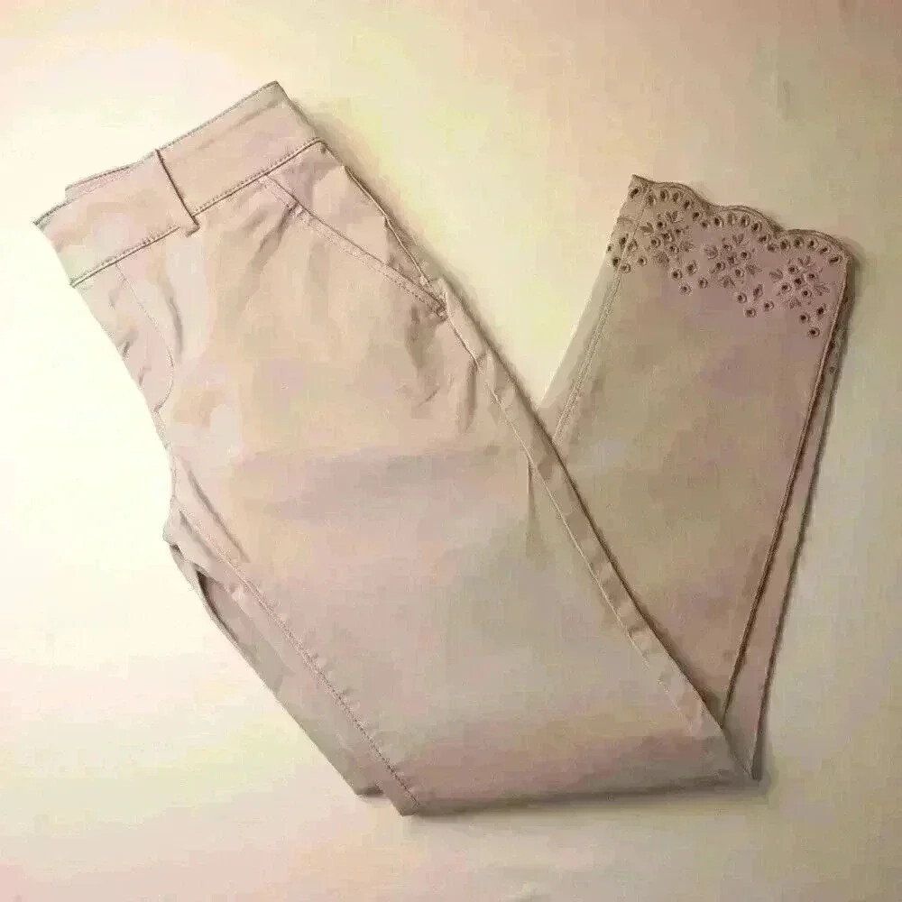 Loft Women Eyelet Scalloped Hem Ankle Chino Pants Size 2 Gray Cottagecore Causal